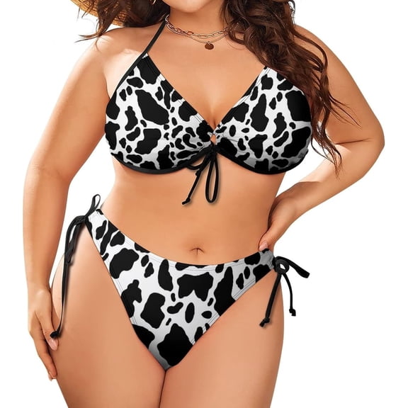 NICKSUN Women's Halter Padded Top Tie Side Bottom Swimsuit Cow Print 2 Piece Plus Size Bikini Bathing Suits