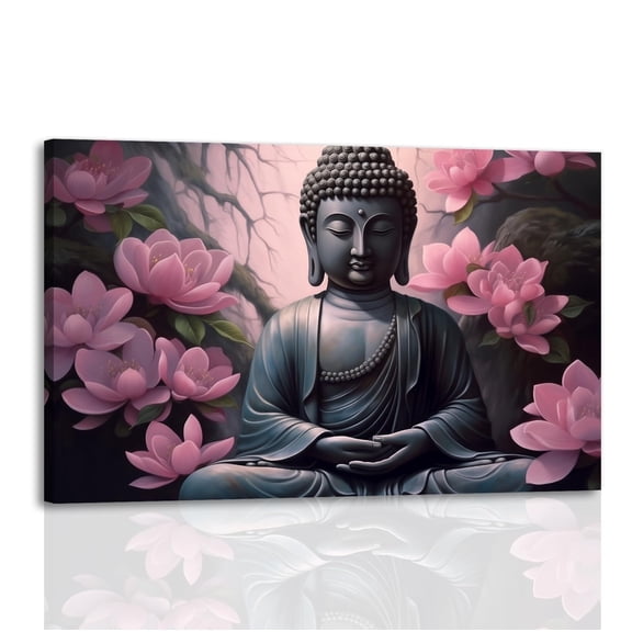 Zen Wall Art Buddha Statue Canvas Print Black Pink Artwork Lotus Floral Pictures Meditation Wall Decor for Living Rooms Yoga Room