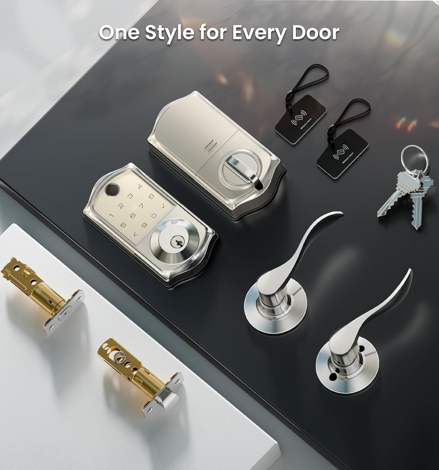 Veise Fingerprint Smart Lock with 2 Lever Handles, Keyless Entry Front Door Lock Set, App Control, Electronic Digital Keypad Deadbolt, Satin Nickel