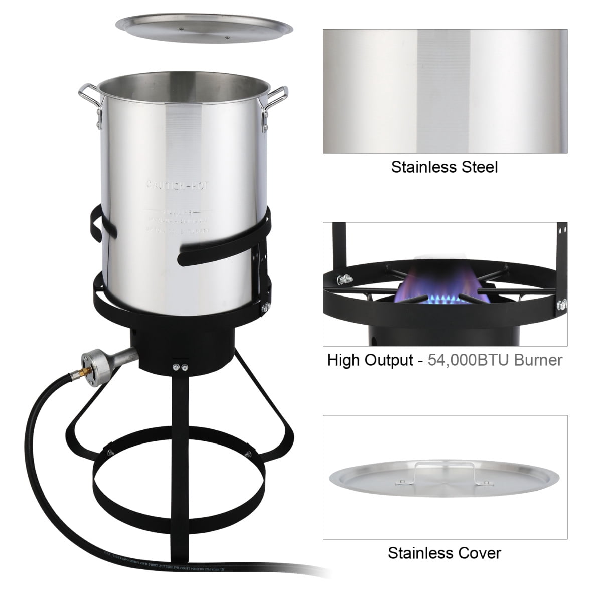 4-Piece Outdoor Aluminum Pot Set, 13 x 32 Inch Black Round Iron Stove Frame with 2 Handles and Use Gas, 2 Pots, Portable Stainless Steel Camping Stove for Hiking, Picnic, Silver