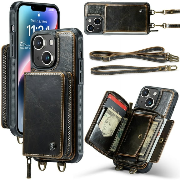 for Apple iPhone 15 6.1 Inch (2023 Release),iPhone 15 Wallet Case With Crossbody & Wrist Strap,Zipper Card Pocket Stand Rugged PU Leather Phone Cover,for iPhone 15 - Black