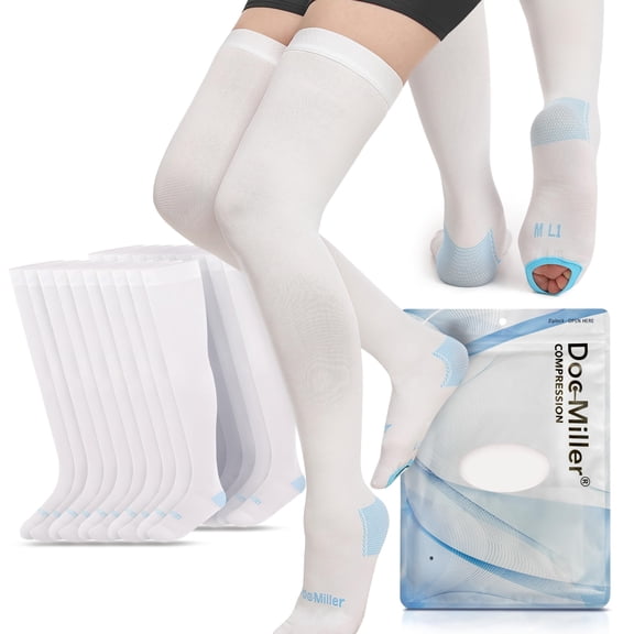 Doc Miller TED Hose Thigh High Anti-Embolism Compression Stockings 15-20 mmHg for Women & Men White 1 Pair
