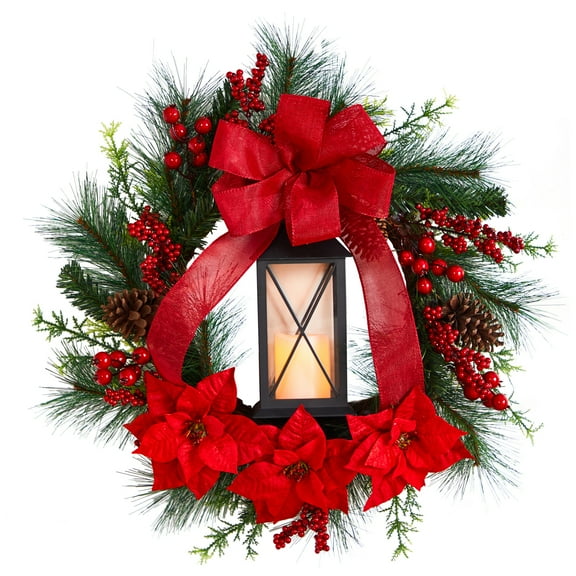 Nearly Natural 28" Poinsettia and Berry Holiday Lantern Christmas Wreath with LED Candle