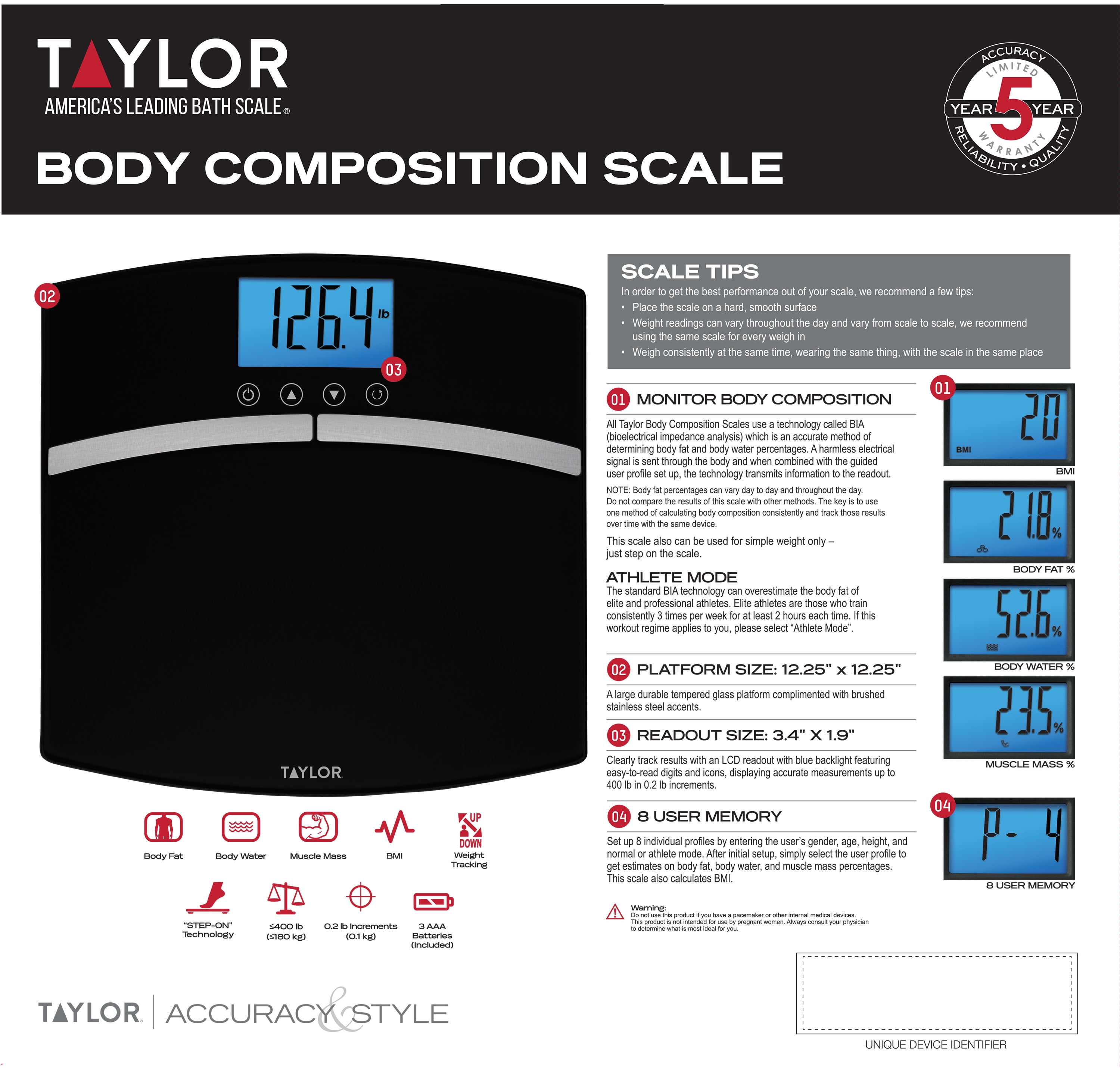 Taylor 5582 Wireless Body Fat Analyzer and Scale with Removable Display