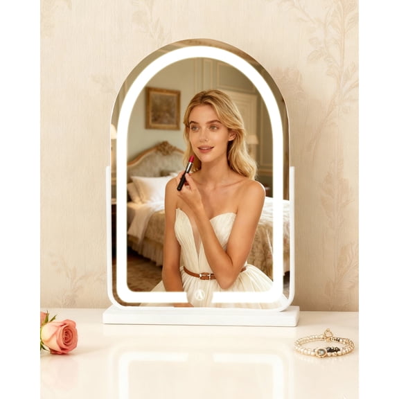 Hollywood Makeup Mirror 3-Color Dimmable LED Lights Vanity Mirror with Wide Arch Design, USB Powered Touch Control 360° Rotation Bedroom dressing table (White; X Large-59*42cm)