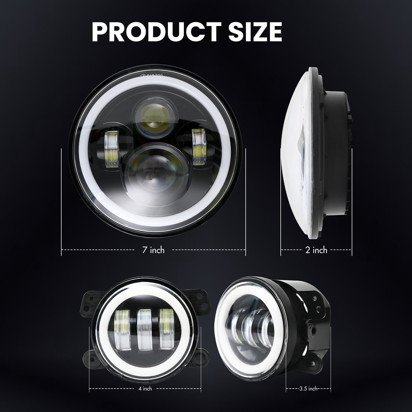 7 inch 80W LED Headlights & 4 inch 60W Fog Lights Combo w/Blue Halo Compatible with 2007-2018 Jeep Wrangler JK, DOT Approved