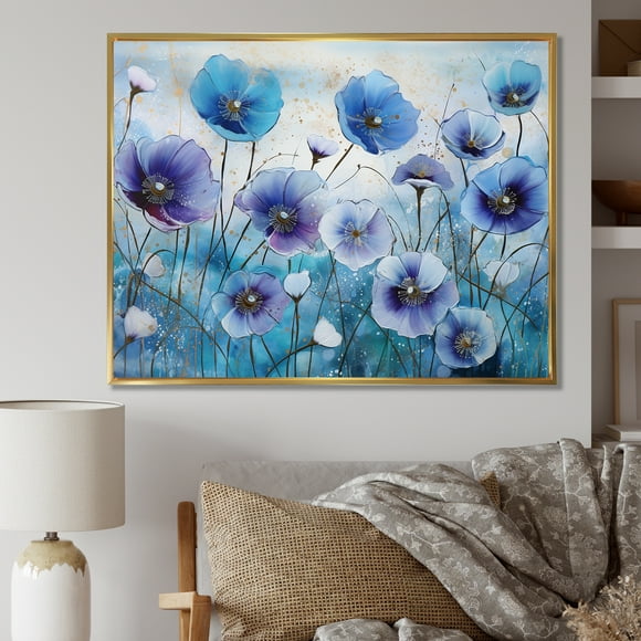 Designart Flowers framed wall Art, Morning Glory Blooms In Blue And Purple , Flowers framed wall art decor, Purple Gold framed wall art, 44x34 inches Gold Frame