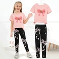 thumbnail image 4 of larppty Girls’ Bow Print Leggings and T-Shirt Set – Cute 2-Piece Outfit for Kids, Soft Cotton Blend, Casual Wear for Playtime, School, and Parties（Light Pink， 6 Years）, 4 of 6