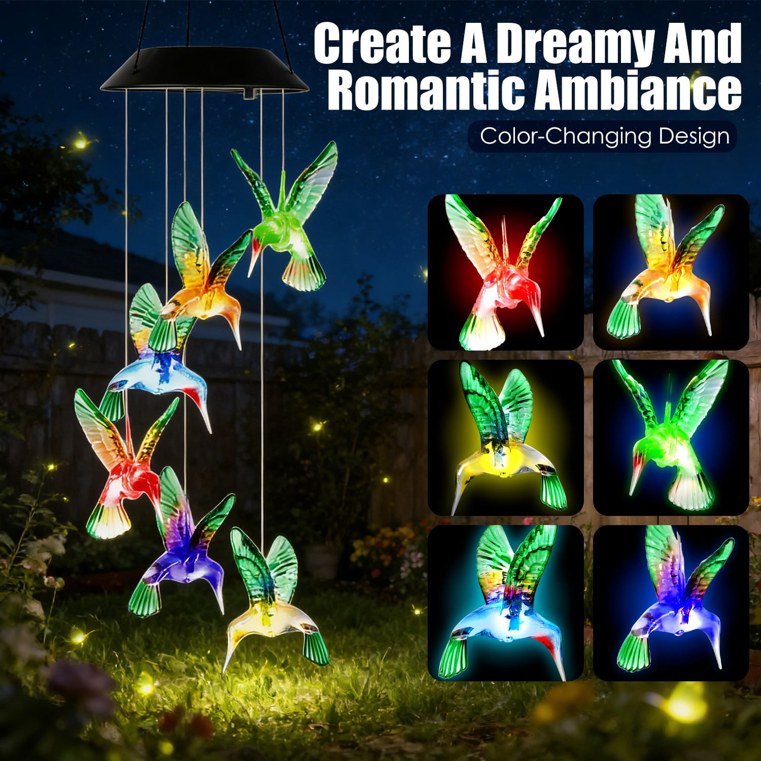 2PCS Hummingbird Solar Wind Chimes with Color Changing LED Lights, Waterproof Solar Powered Wind Chime for Outdoor Garden Patio Balcony Porch Home Decor, Ideal Gift for Mom Women Christmas