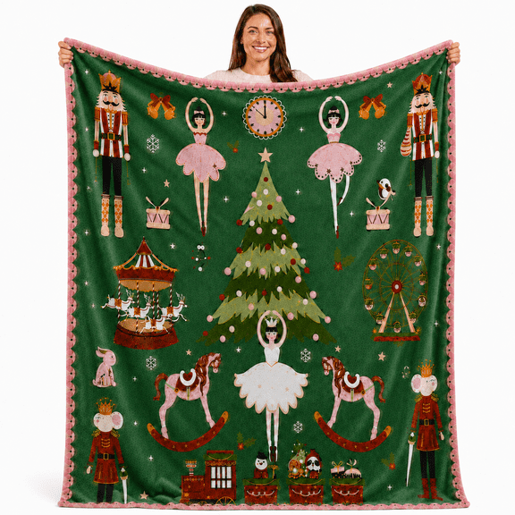 Christmas Throw Blanket for Couch 50 X 60 In, Soft Flannel Fleece Blanket with Nutcracker Ballerina Christmas Tree Design, Lightweight Holiday Blanket for Women Girls, Bed Sofa Living Room Decor