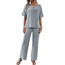 SWSMCLT Women's Summer 2 Piece Outfit 2 Piece Knit Spring Fall Lounge Set Short Sleeve Sweater Wide Leg Pant Suits Casual Cozy Grey Small