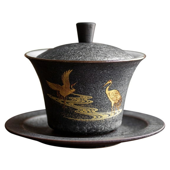 Retro Ceramic Lid Bowl Cranes Gaiwan Teacup Chinese Kung Fu Tea Set Anti-hot Coarse Pottery Bowls Handmade