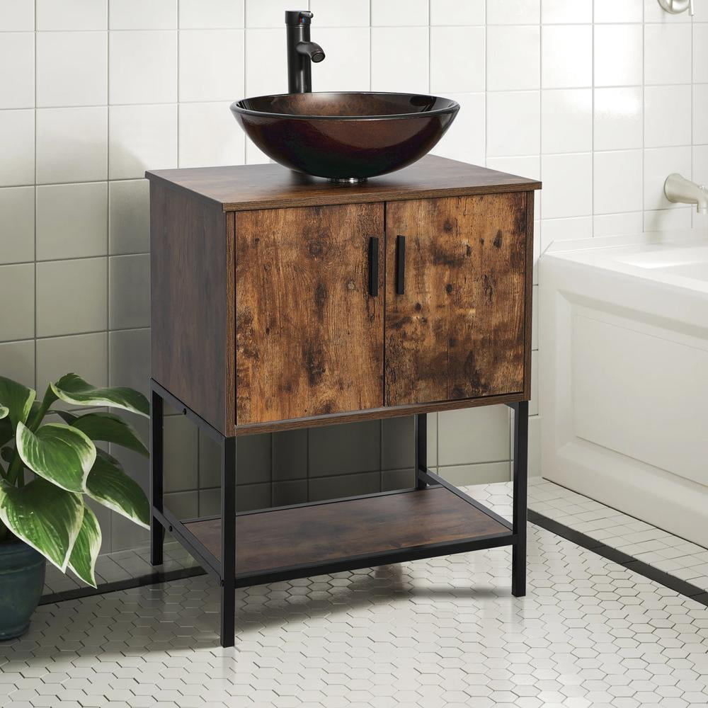 Eclife 24" Farmhouse Bathroom Vanity with Rustic Brown Top, Brown Glass Sink