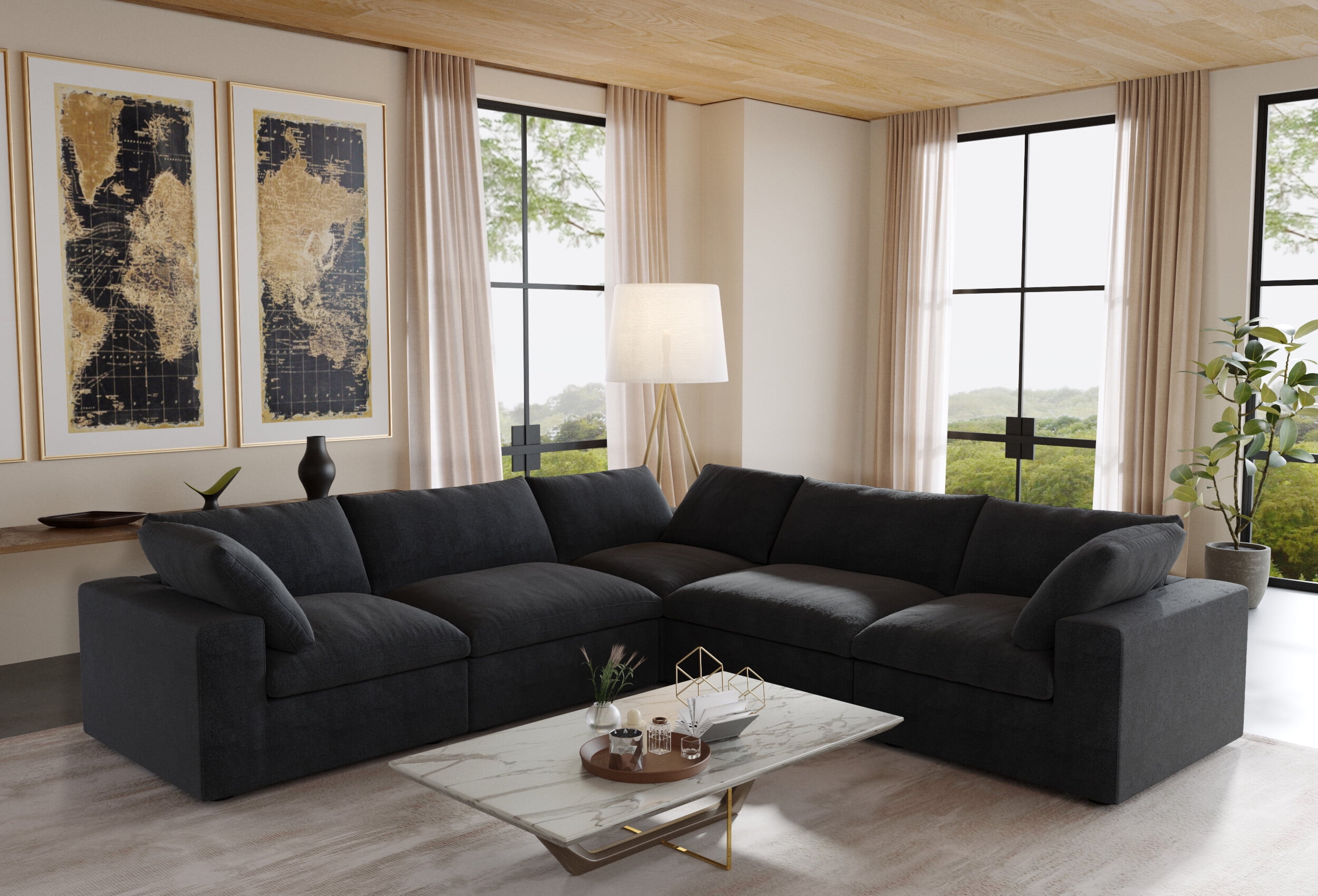Sodrens Free Convertible Sectional Sofa Modular Couch,Modern Linen Fabric Sofa Corner Couch for Living Room,Apartment and Small Space,5-Seat Sofa,Black