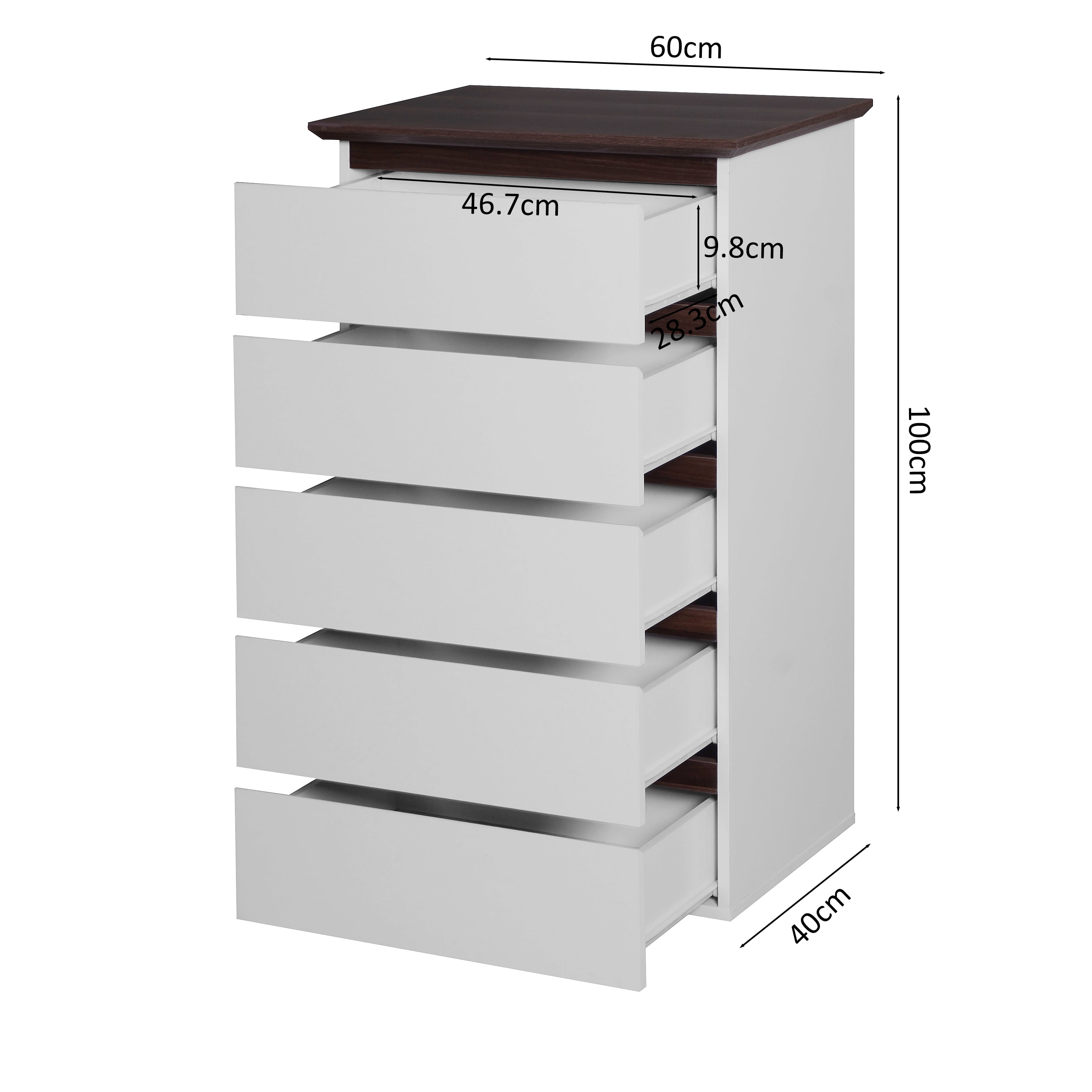 MAYEERTY 5-Drawer Dresser, Modern Chest of Drawers for Bedroom, Closet & Office, White & Walnut
