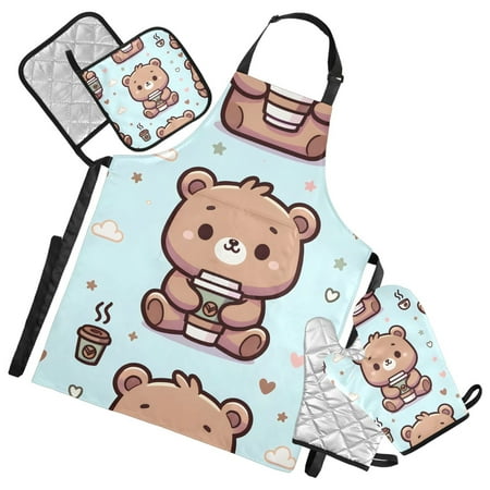 Cute Cartoon Bear with Coffee Cup 5 Pcs Kitchen Set Heat Resistant Oven Mitts and Non-Slip Pot Holders with Adjustable Cooking Apron