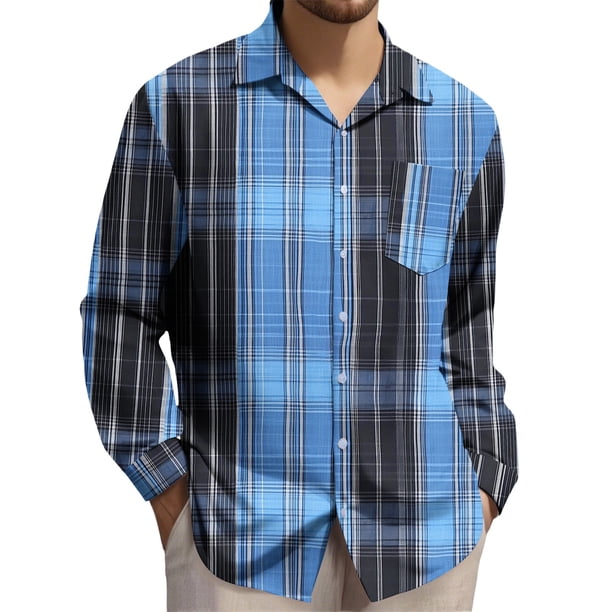 Yaoyar Men's Plaid Button Down Shirt Long Sleeve Casual Lapel Work Shirts Lightweight Shirts with Pocket