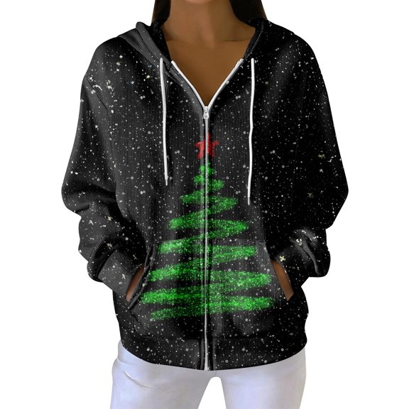 Women's Casual Fashion Long-Sleeve Zip-Up Hoodie with Christmas Print, Knitted Pullover for Comfortable Wear and Style,Black,XL