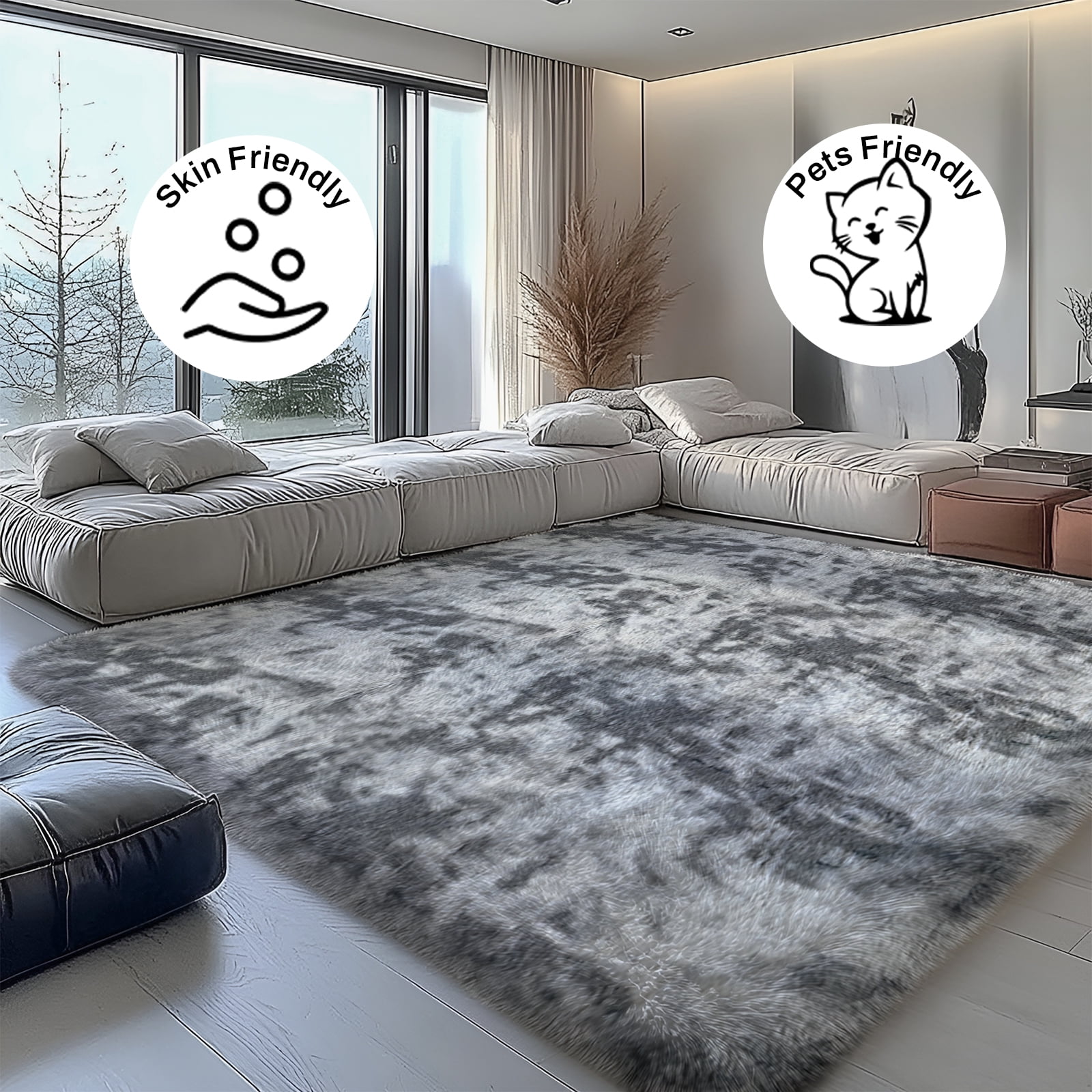 Pentantan 8’ x 10’ Shag Area Rugs, Soft Fluffy Indoor Carpet for Living Room Bedroom Decor, Tie-dyed Dark Gray