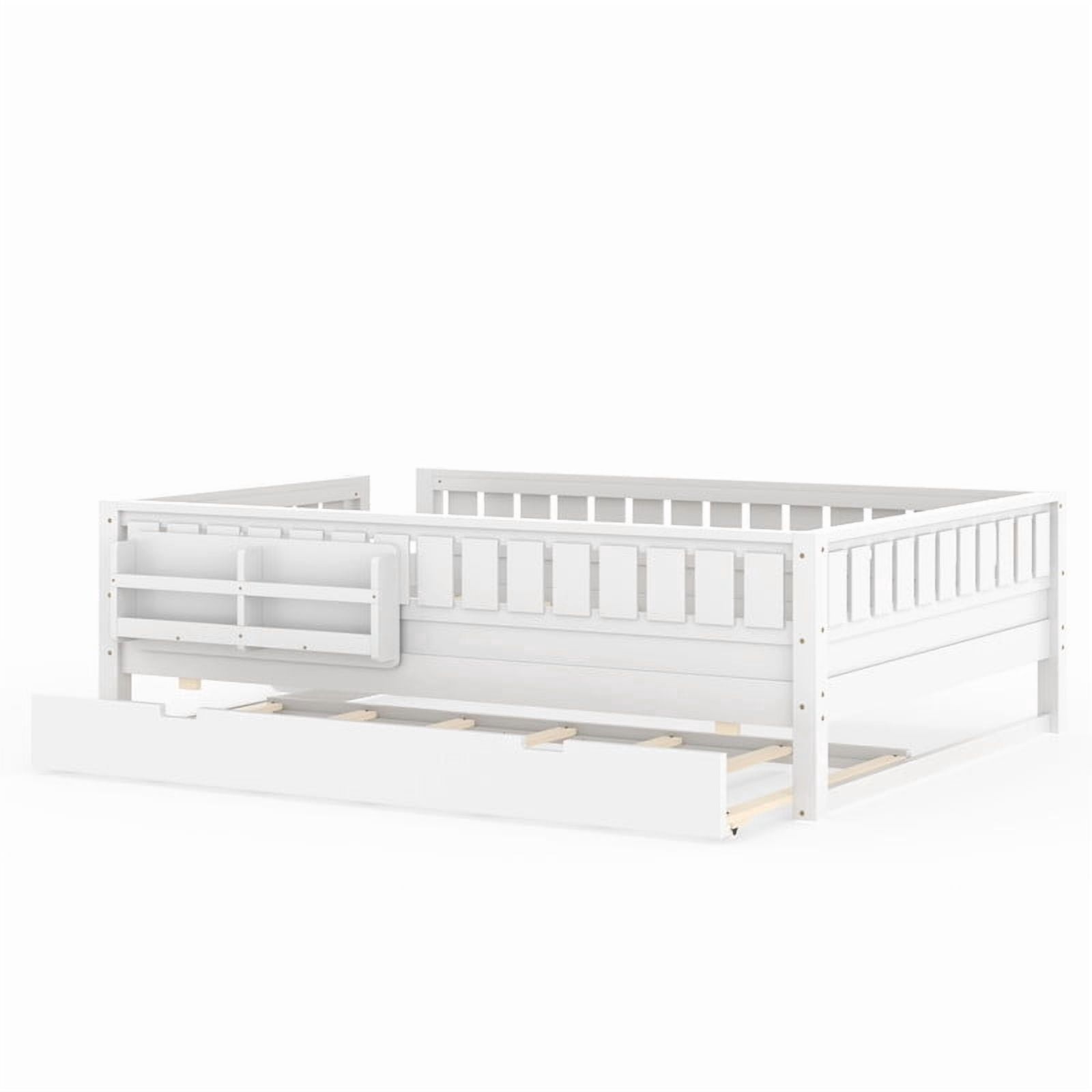 Queen Size Low-Profile Kid's Platform Bed with Built-in Bookshelves & Small Staircase, Wooden Bed Frame with Safety Rails & Trundle