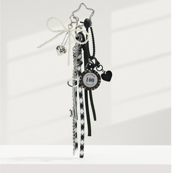 Adorable Girly Pearl Bow Miu Style Bag Charm, Leather Heart Keychain with Silver Beads and Bow, Cute Purse Accessory for Women Girls Gift Idea,Black