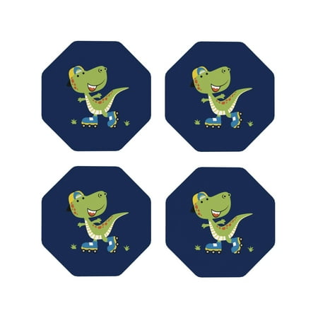 

Leather Coasters Set of 4 - Dino Playing Roller Skate Lightweight Non-Slip Drink Coasters for Desk Anti-Scalding Desk Cup Coasters for Office Table Decor Octagon