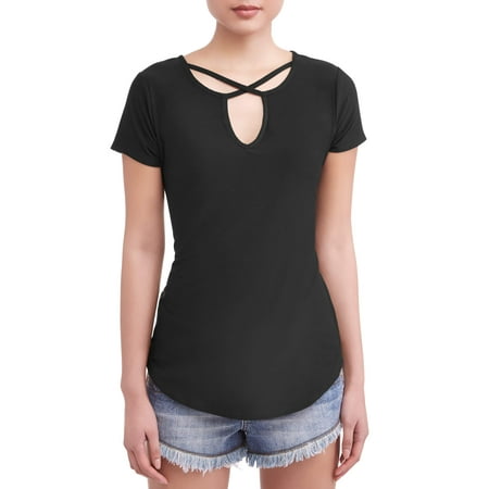 Juniors' Yummy Knit Caged Neck & Lace Back Cap Sleeve Tee