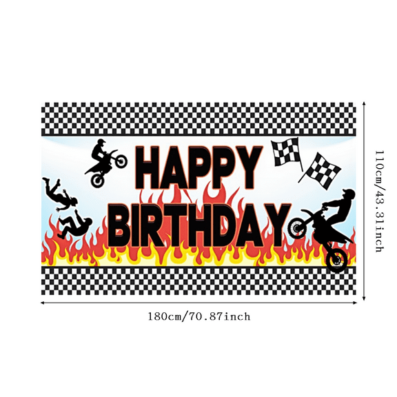 Motocross Design Happy Birthday Banner Fire Theme Checkered Pattern Party Decoration for Outdoor Events Birthday Celebrations Motorcycle Enthusiasts