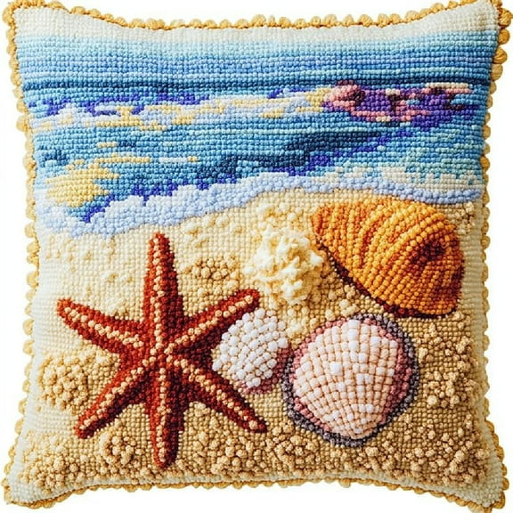 DIY Latch Hook Pillow Kits Printed Pillowcase Hooking Handmade Pillow Cover Cushion 17x17inch - Shells on the beach