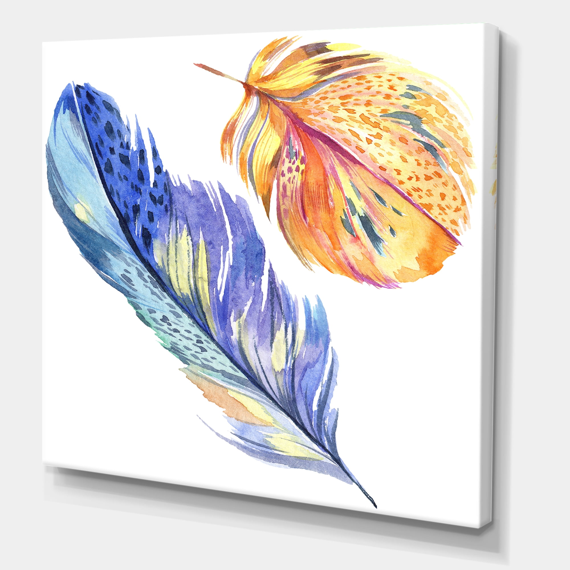 Designart ' Colorful Blue and Golden Bird Feather From Wing ' Bohemian & Eclectic Canvas Wall Art Print