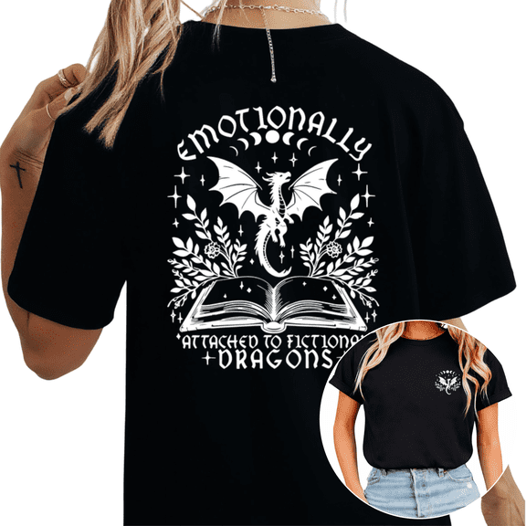Women's Emotionally Attached To Dragons Book Dragon Graphic Tees T-Shirt Tops Short Sleeve Round Neck Black S-5XL