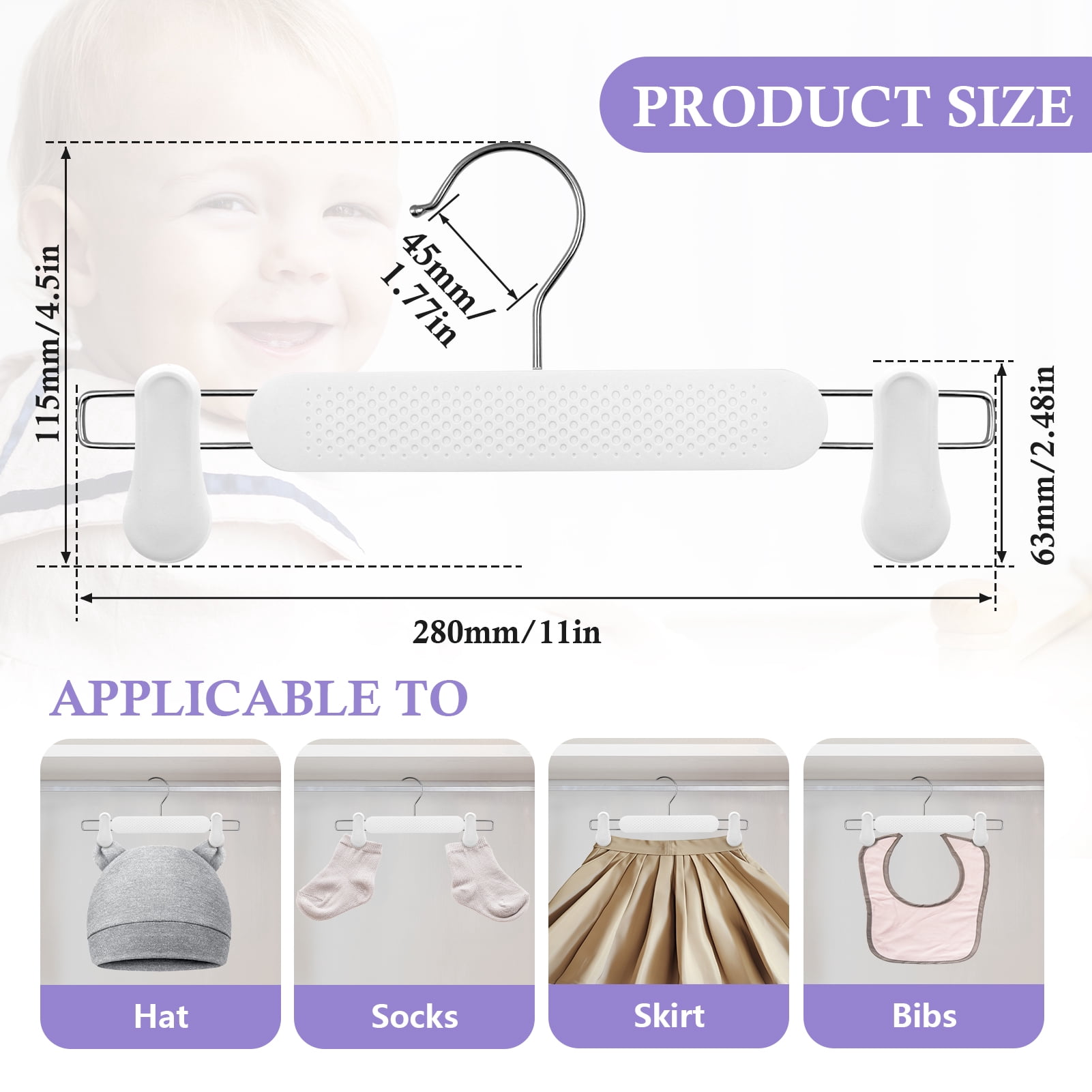 Allhall 30 Pack Plastic Pant Skirt Hangers with Clips,  Non-Slip with 360° Swivel Hook, Frosted Embossing Shorts Hanger for Kids, Baby, Children, Toddler, Women