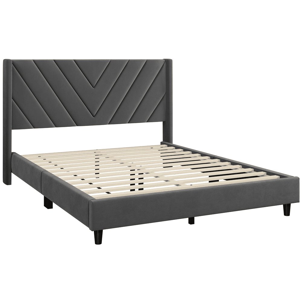 Renwick Queen Size Upholstered Platform Bed with Slat Support, Dark Gray