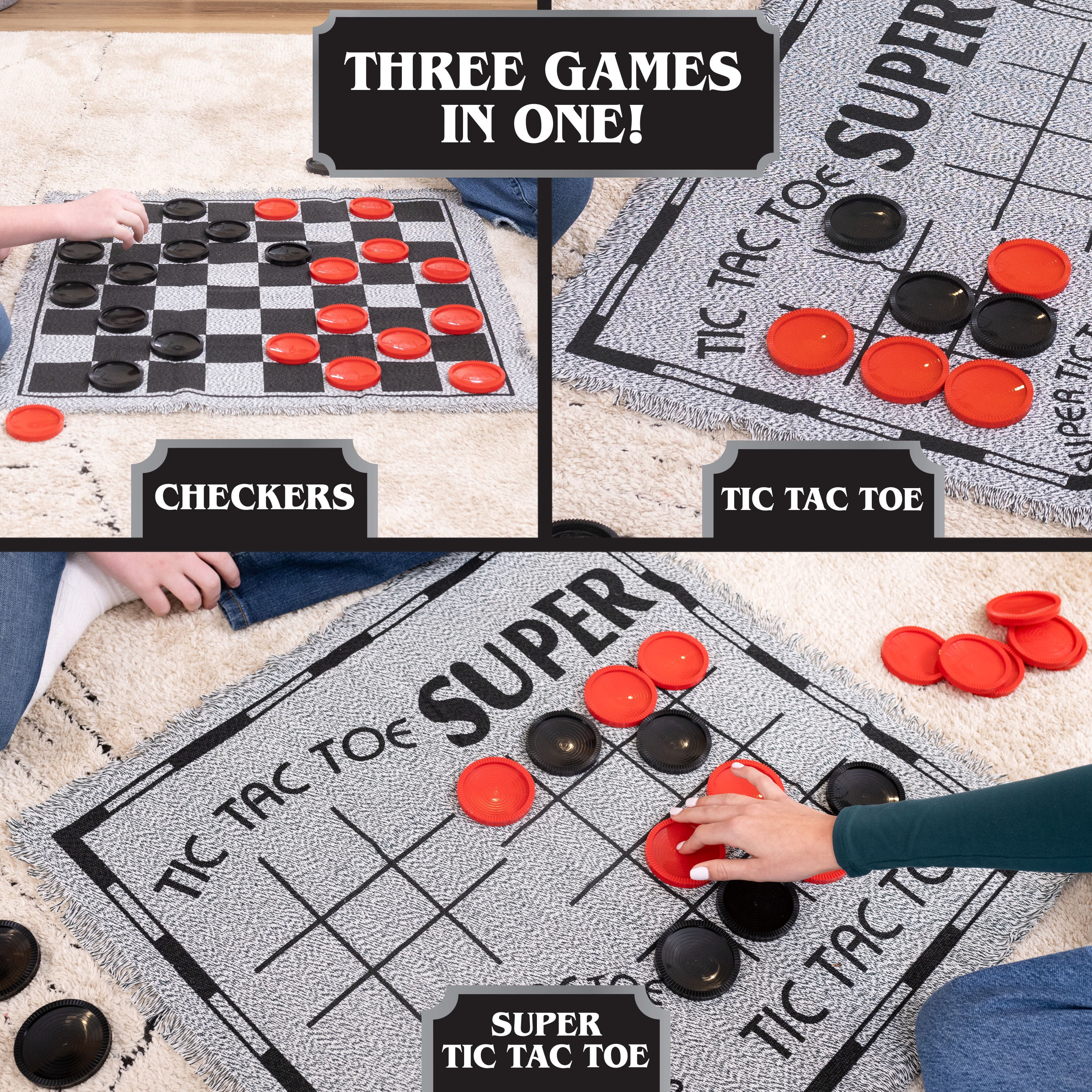 Elbow Room Games Jumbo Checkers Set with Double Sided Cloth Mat and Storage Bag – Includes 25 Extra Large Play Pieces for Outdoor & Indoor Family Events, Includes Tic Tac Toe Bonus Game
