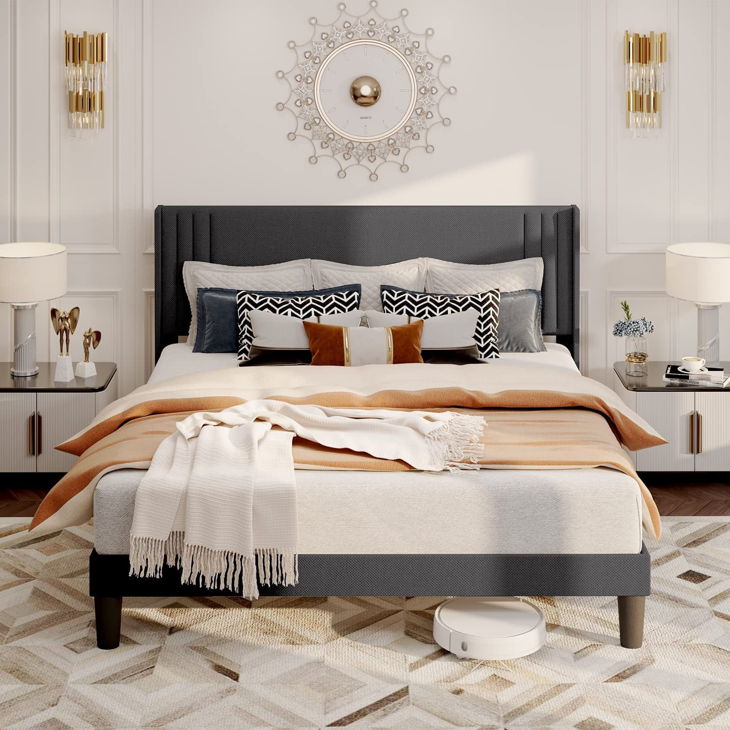 Queen Platform Bed Frame with Wingback Headboard, Dark Grey