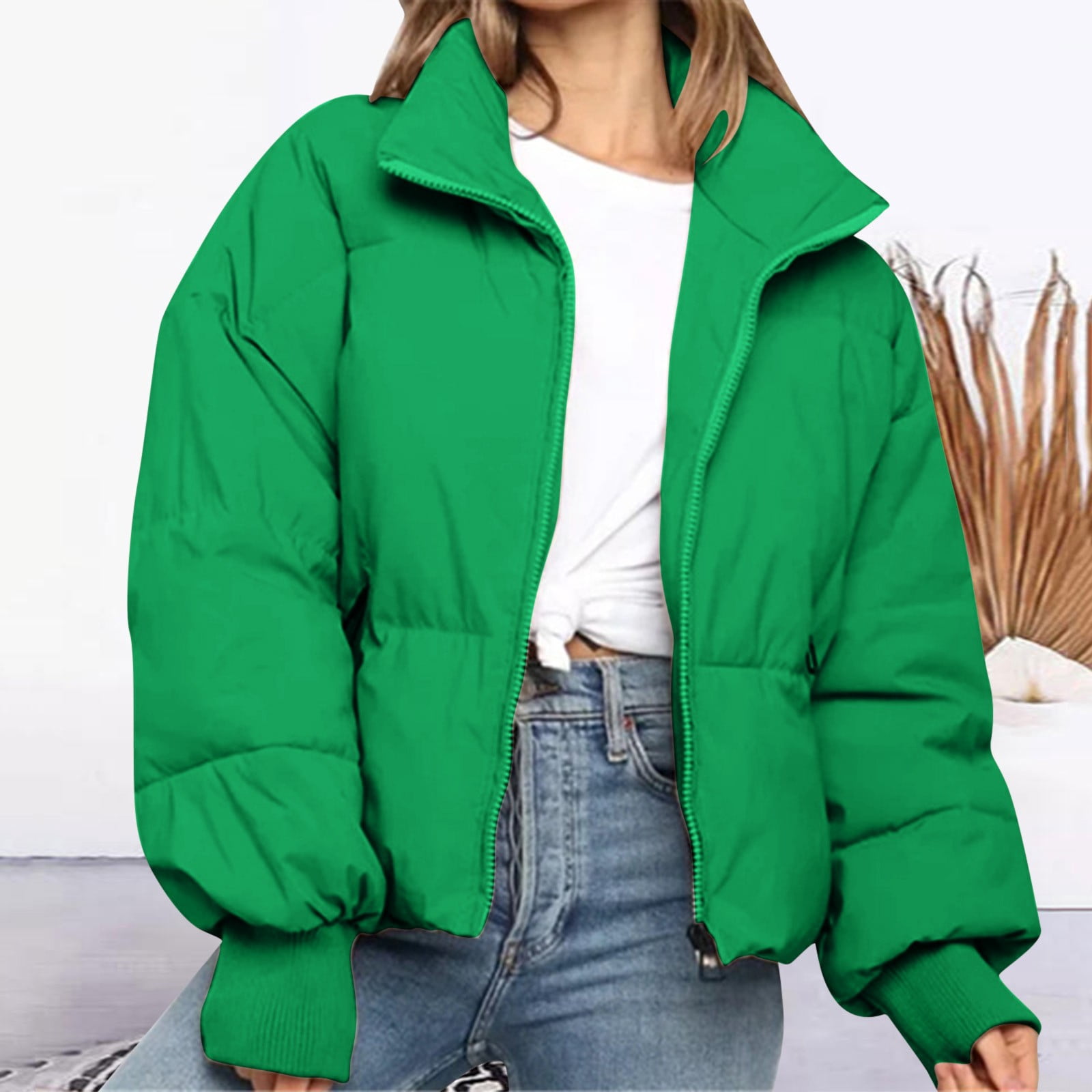 Sopiago Women's Winter Cropped Puffer Jacket Oversized Long Sleeve