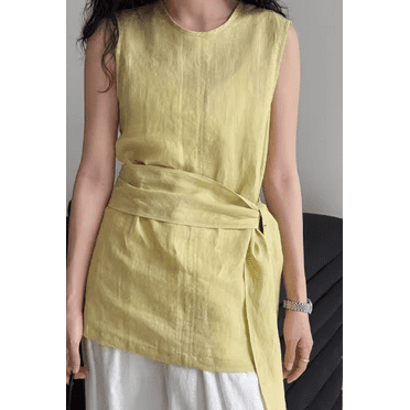 Temperament sleeveless waist tie shirt female summer ramie breathable small shirt blouse