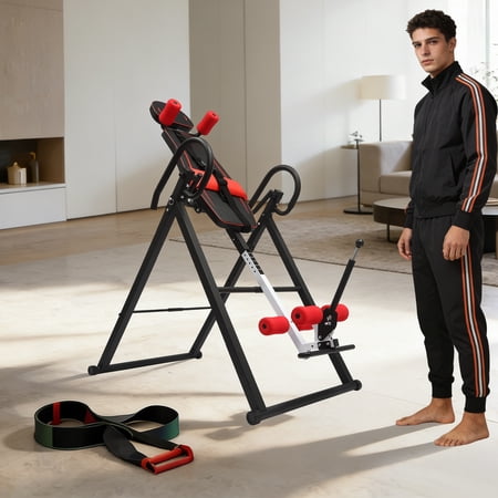 Heavy Duty Foldable Inversion Table Back Pain Relief Stretcher Machine, Inversion Table, Extended Ankle Lock Handle 330LBS (4.27-6.07ft)