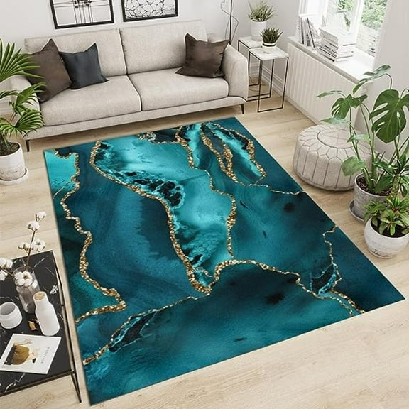 Turquoise Gradient Marble Large Rugs, Nordic Luxury Gold Edge Gold Plating Area Rug, Machine Washable Breathable Carpet For Room Sofa Living Room Bedroom Home Decor Floor Mats 5' x 7'