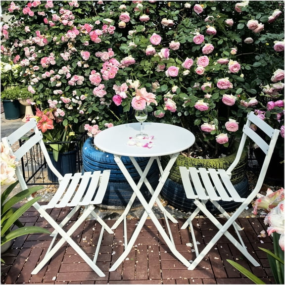 JERFIT 3-Piece White Outdoor Bistro Set, Folding Metal Table & Chairs for Patio, Balcony, Garden or Cafe