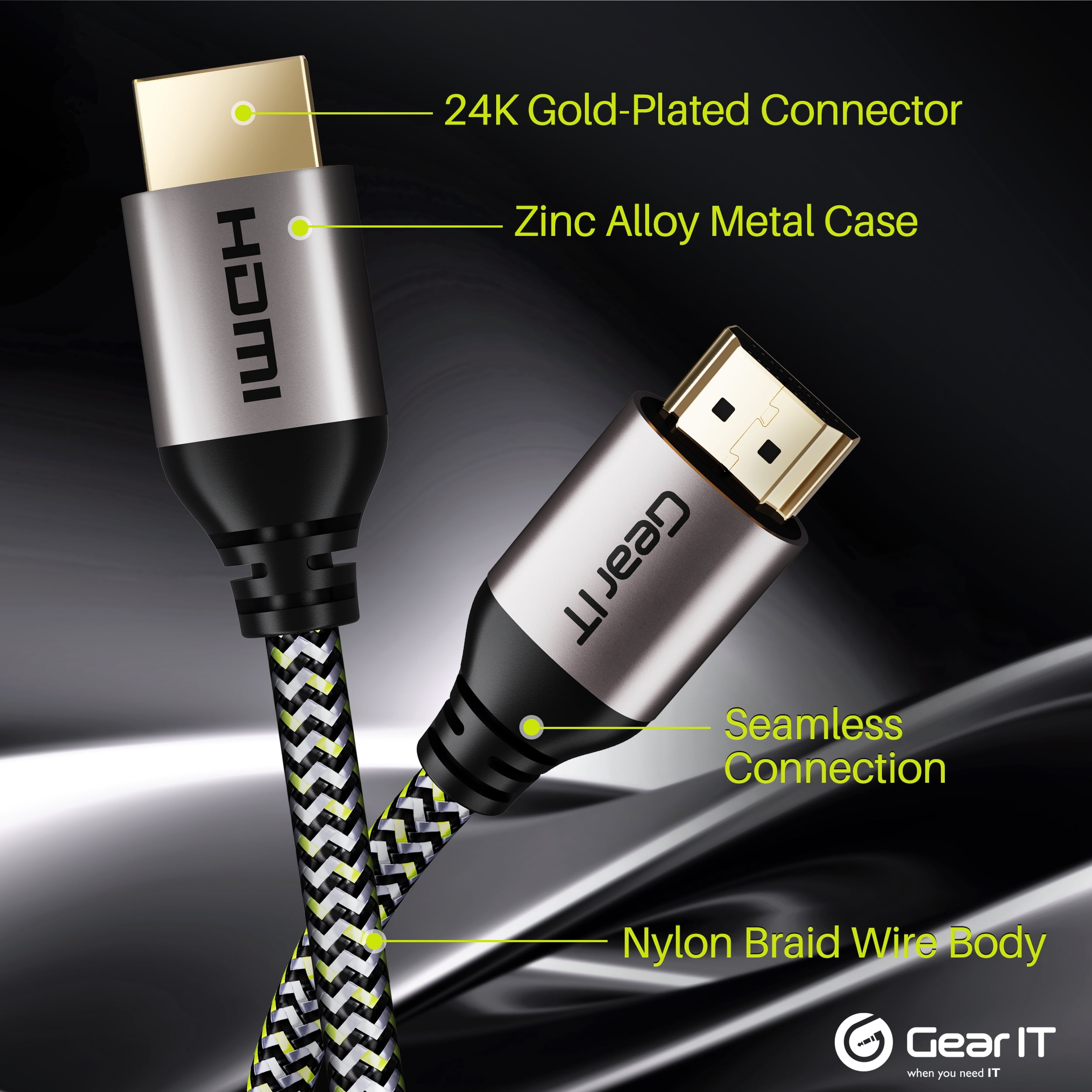 GearIT HDMI Cable (2-Pack / 25ft / 7.6m) High-Speed HDMI 2.0b, 4K 60hz, 3D, ARC, HDCP 2.2, HDR, 18Gbps - Nylon Braided Cord