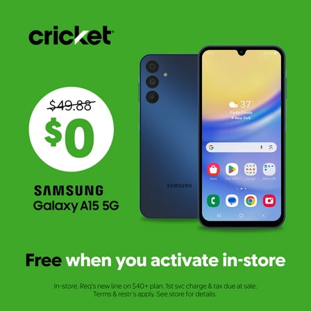 Cricket Wireless Samsung Galaxy A15 5G 64GB, 4GB RAM (Prepaid), Blue Black