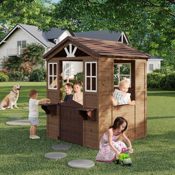Maisonnette de Jeu en Cèdre Durable pour Enfants – Chalet Extérieur pour Cour Arrière avec Toit en Vinyle, Cuisine de Jeu, Maisonnette de Jeu de Jardin – Brun
