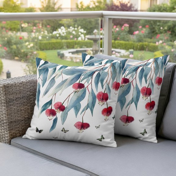 Retro Leaves Red Flower Butterfly Waterproof Throw Pillow Covers Set of 2 Vintage Plant Outdoor Cushion Cover Pillow Protector Decorative Pillowcases for Bed Sofa Couch,16x16in