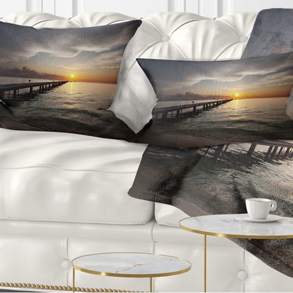 Designart Long Boardwalk into the Sunset Sea - Bridge Throw Pillow - 12x20
