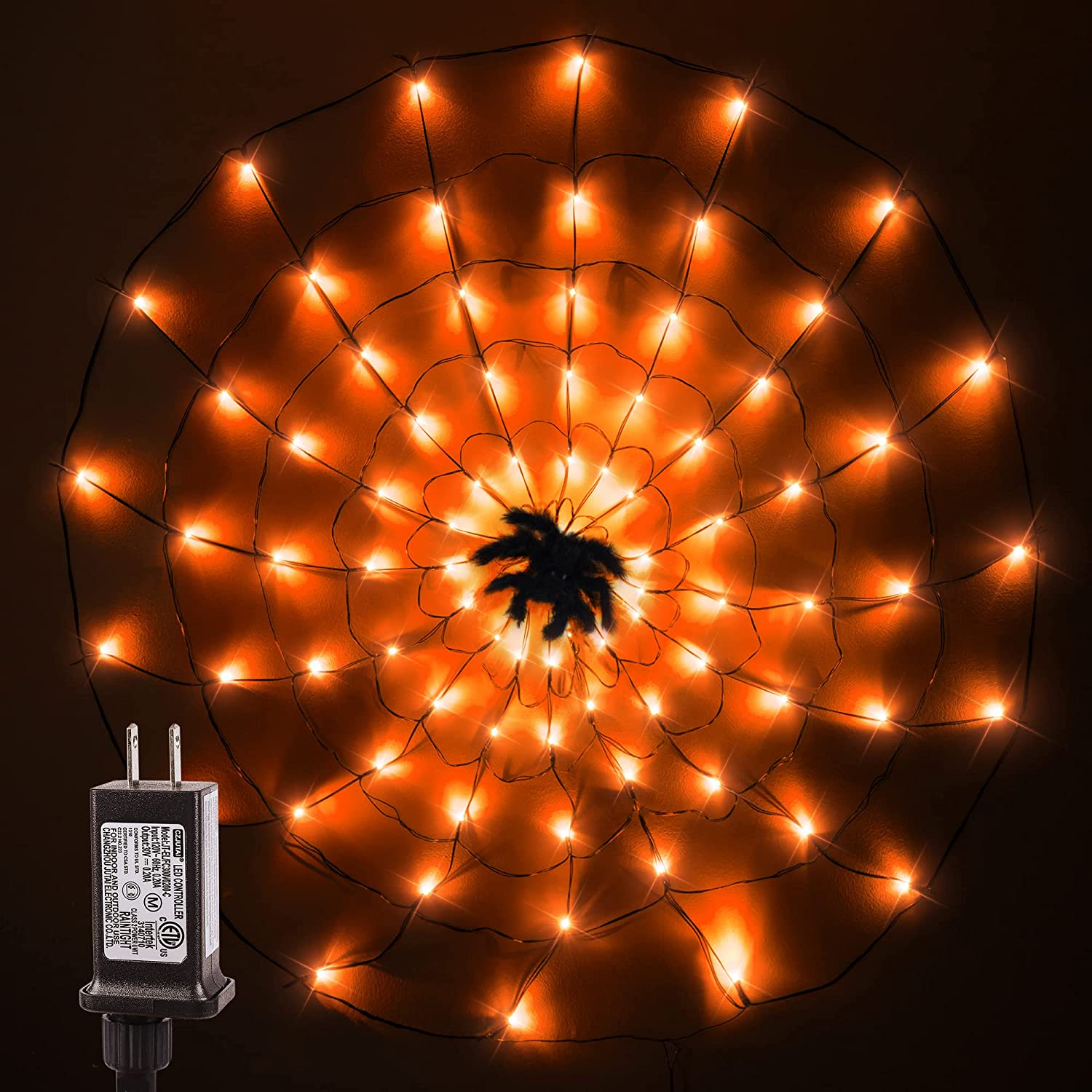 Halloween Spider  Net Lights, 30V Plug in Spider Wed Light, 3.9FT Diameter 96Led Orange Light