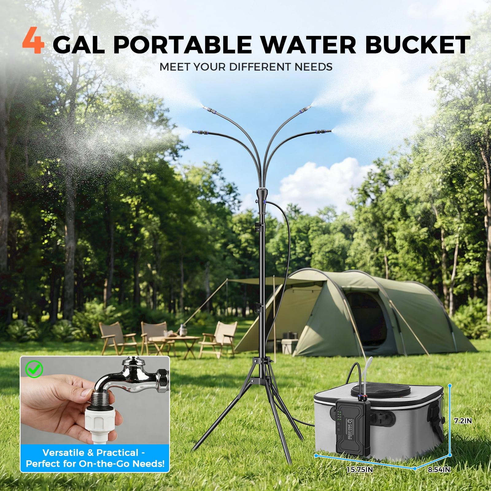 Standing Misters for Outside Patio, 4Gal Portable Bucket with 10000mAh Water Cooling Misters Set – 4FT Adjustable Height for Outdoor, Beach, Pool, Water Playing, Sprinkler, Camping