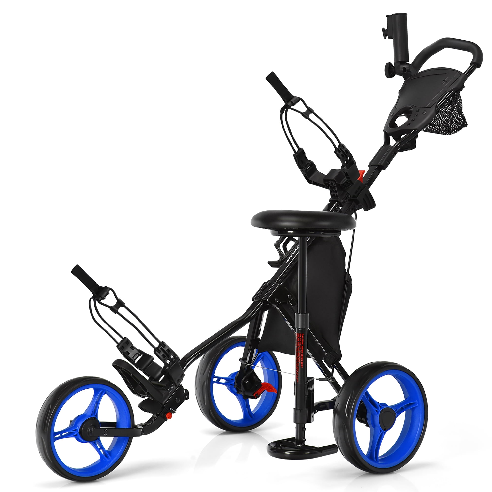 Goplus Folding 3 Wheels Golf Push Cart W/Seat Scoreboard Adjustable