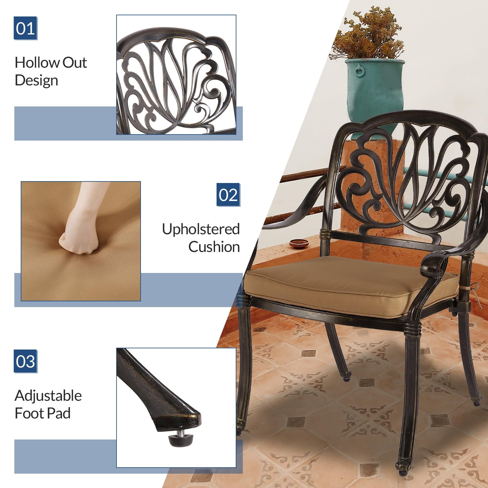 9-Piece Patio Cast Aluminum Dining Set, Outdoor Dining Furniture Set for 8 Person, includes 84" Oval Table and 8 Cushioned Chairs with Umbrella Hole for Patio Deck Garden, Tan