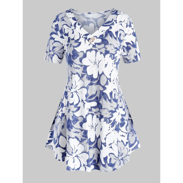 Más el tamaño de la impresión floral de oscilación camiseta Rosegal Camisetas tallas grandes